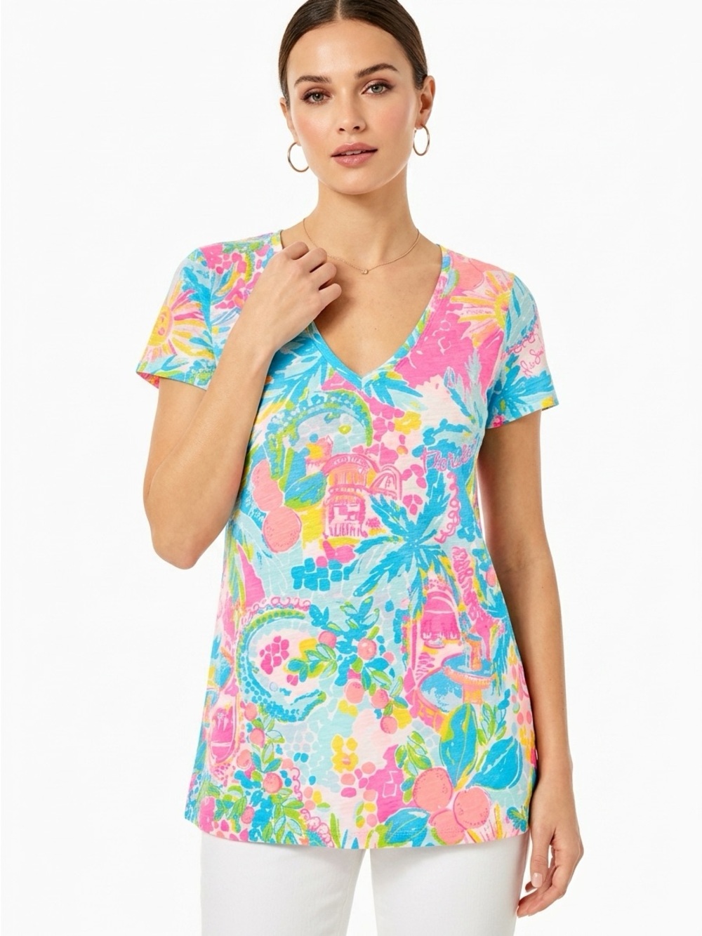 Lilly Pulitzer Etta Short Sleeve V-Neck Top Cotton Sunshine State of Mind Multi
